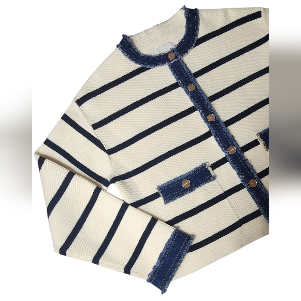 Sandro Paris Navy and Cream Striped Cardigan with Denim Details - Picture 6 of 11